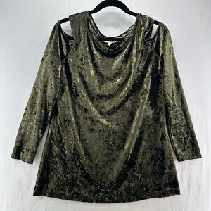 Sheryl Crow Crushed Velvet Cold Shoulder Top Sz M Draped Neck Long Sleeve Green